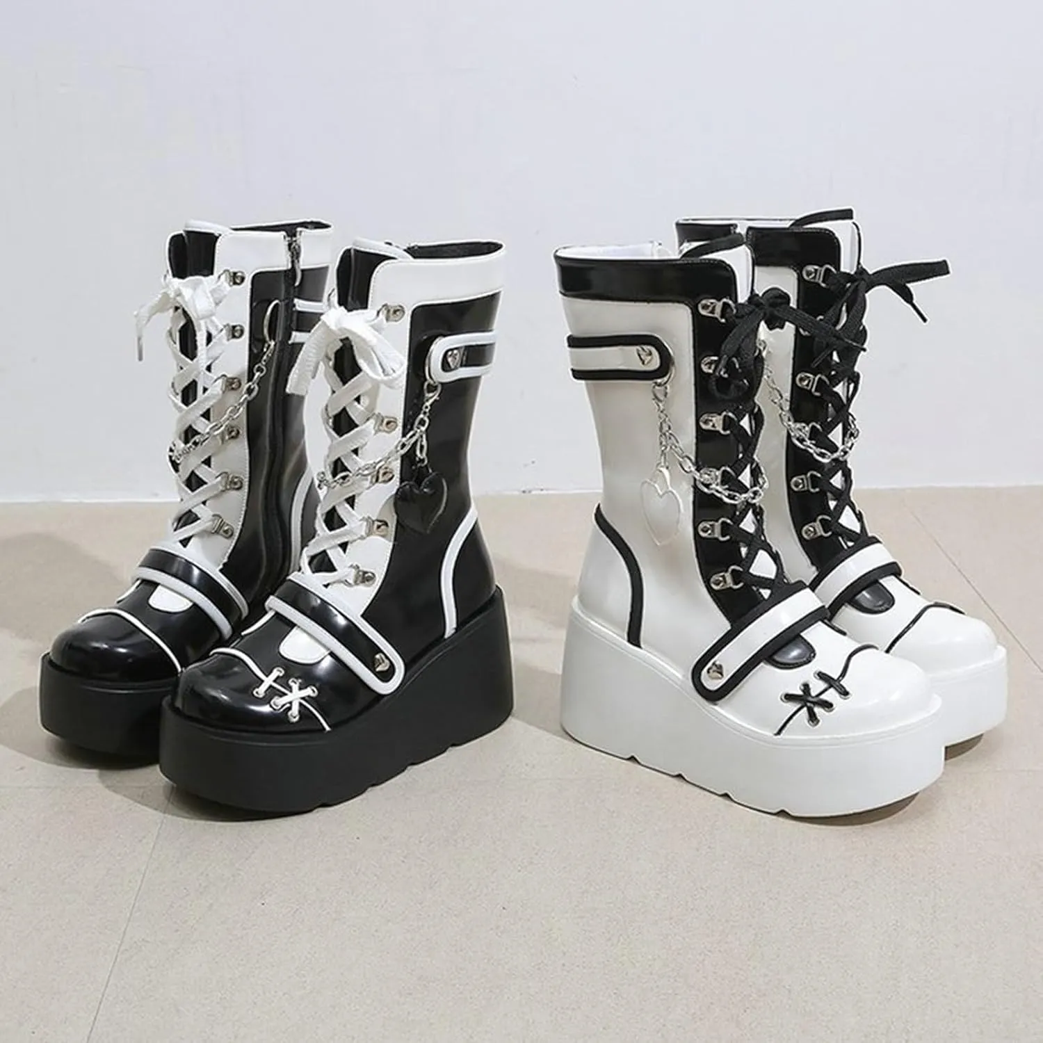 Meefit Women Goth Platform Boots Lolita Kawaii Shoes Wedge High Heel Lace Up Mid Calf Boots Vintage Ankle Boots