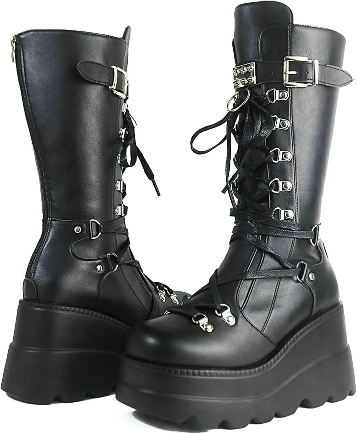 Meefit Women Gothic Knee High Boots Wedge Platform Mid Calf Boots Lace Up Punk Style Boots Comfortable Tall Boots