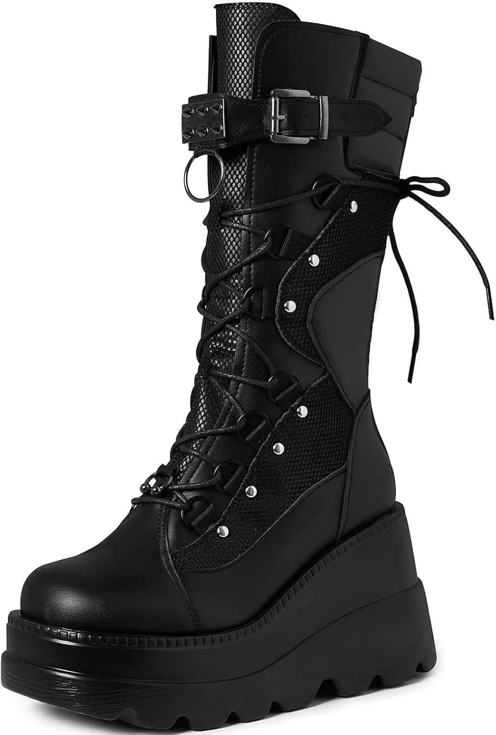 Meefit Women Gothic Knee High Boots Wedge Platform Mid Calf Boots Lace Up Punk Style Boots Comfortable Tall Boots