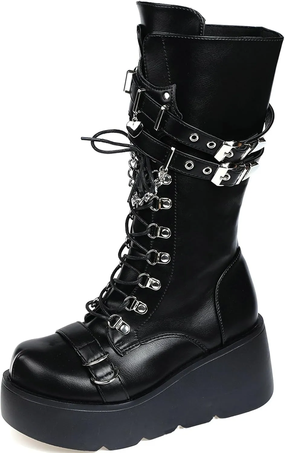 Meefit Women Gothic Knee High Boots Wedge Platform Mid Calf Boots Lace Up Punk Style Boots Comfortable Tall Boots
