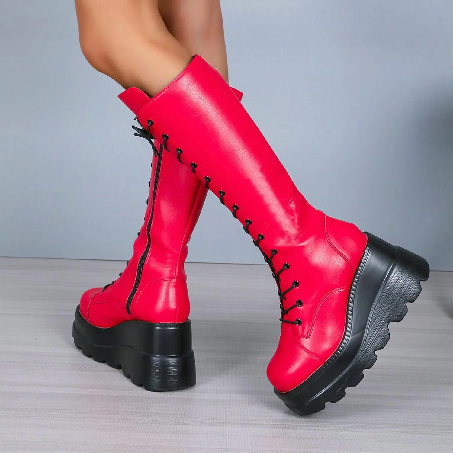 Meefit Women Gothic Knee High Boots Wedge Platform Mid Calf Boots Lace Up Punk Style Boots Comfortable Tall Boots