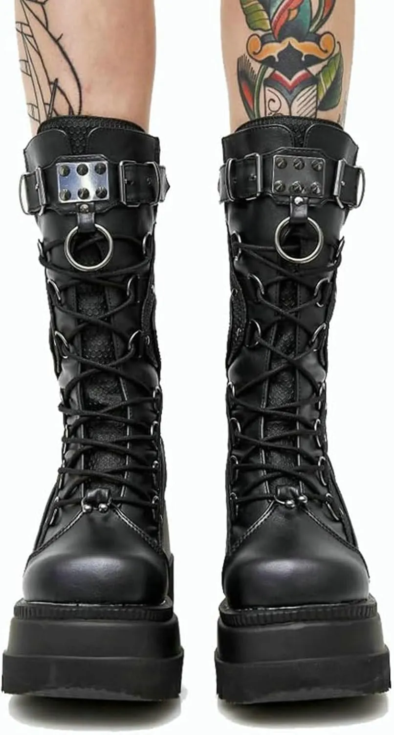 Meefit Women Gothic Knee High Boots Wedge Platform Mid Calf Boots Lace Up Punk Style Boots Comfortable Tall Boots