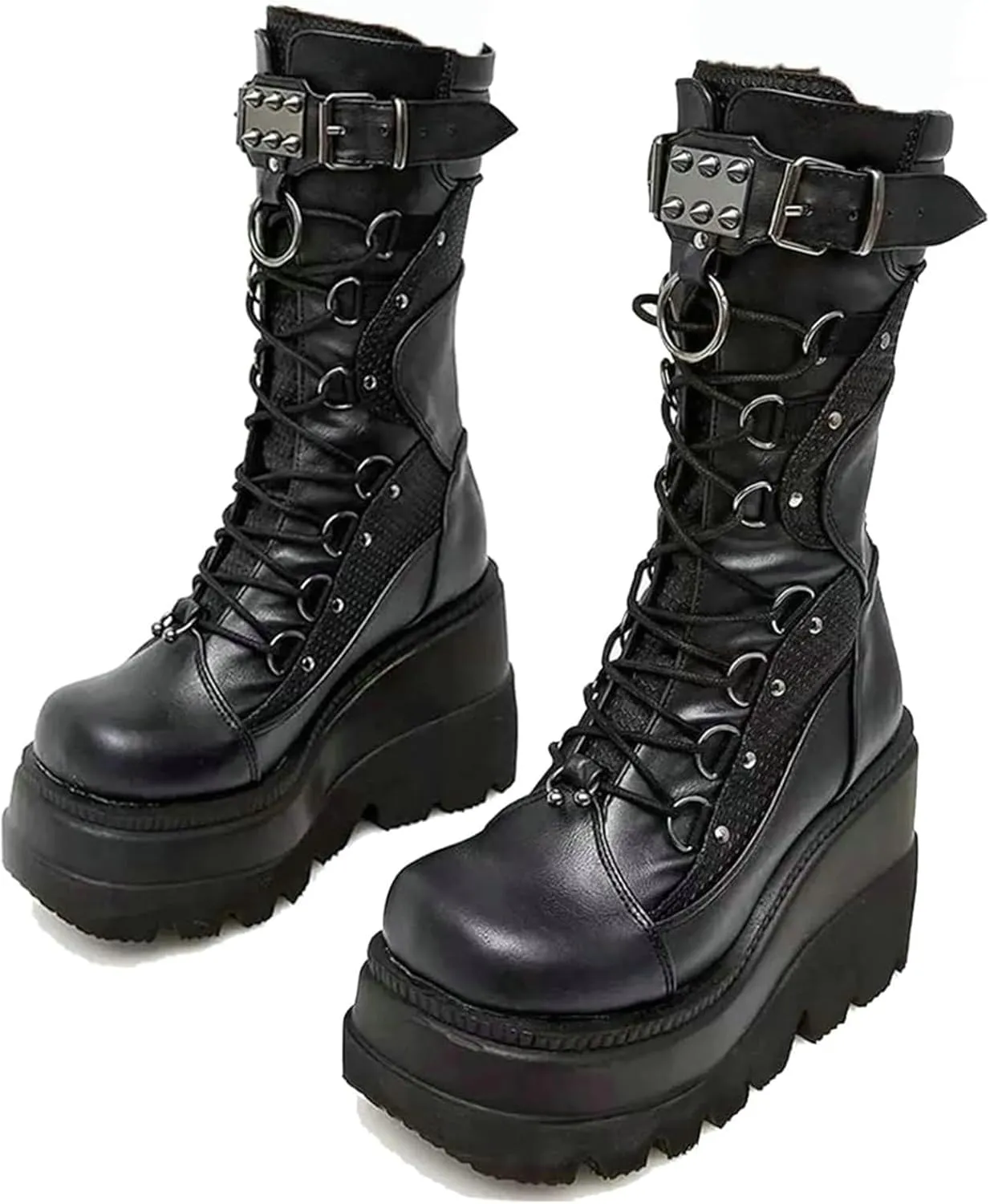 Meefit Women Gothic Knee High Boots Wedge Platform Mid Calf Boots Lace Up Punk Style Boots Comfortable Tall Boots