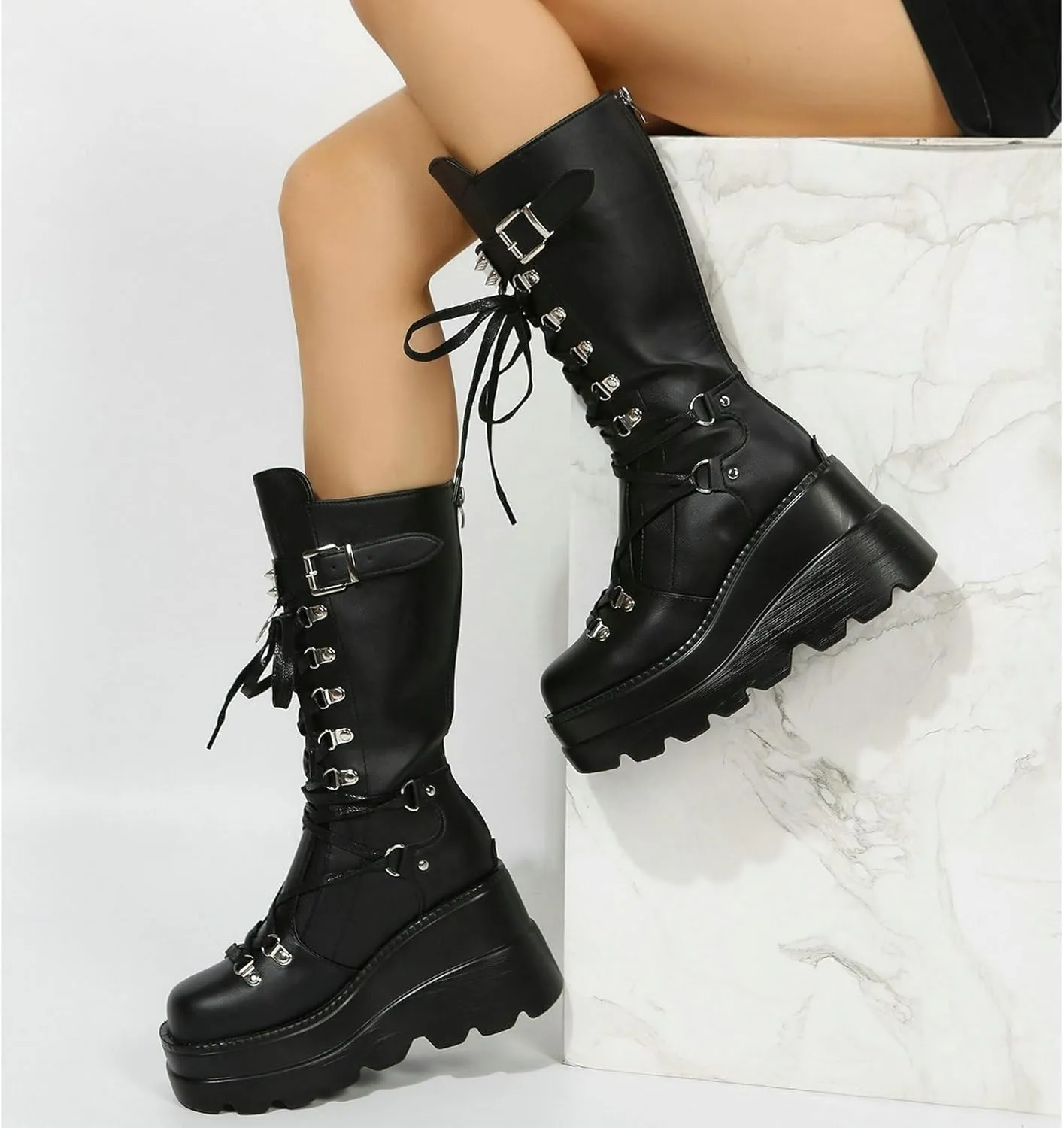 Meefit Women Gothic Knee High Boots Wedge Platform Mid Calf Boots Lace Up Punk Style Boots Comfortable Tall Boots