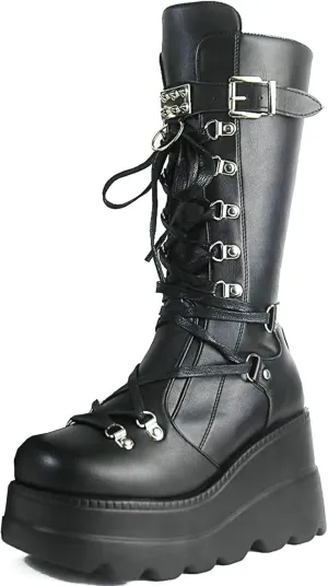 Meefit Women Gothic Knee High Boots Wedge Platform Mid Calf Boots Lace Up Punk Style Boots Comfortable Tall Boots