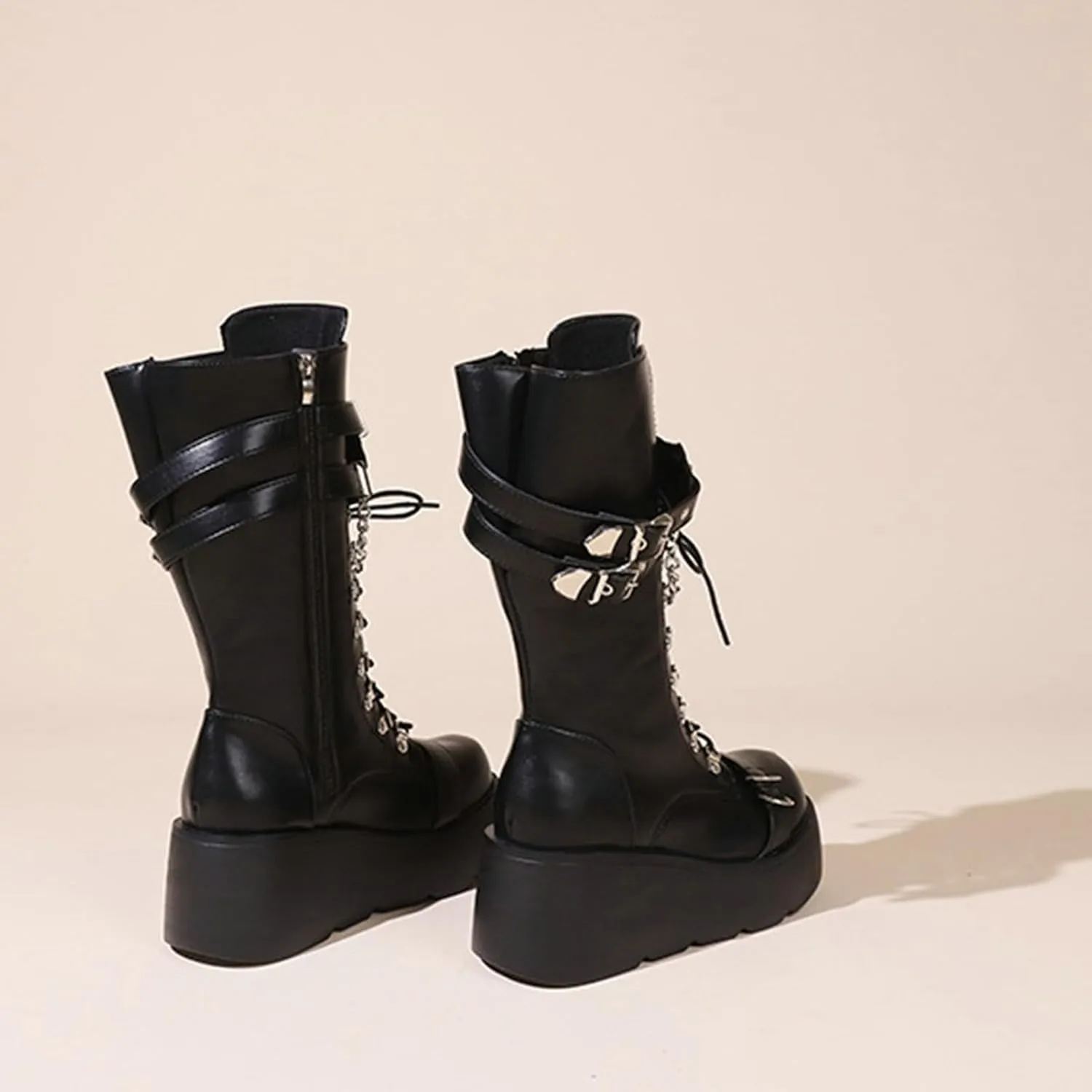 Meefit Women Gothic Knee High Boots Wedge Platform Mid Calf Boots Lace Up Punk Style Boots Comfortable Tall Boots