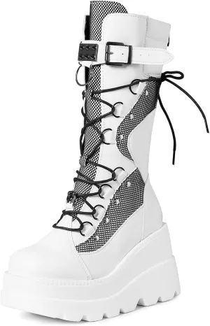 Meefit Women Gothic Knee High Boots Wedge Platform Mid Calf Boots Lace Up Punk Style Boots Comfortable Tall Boots