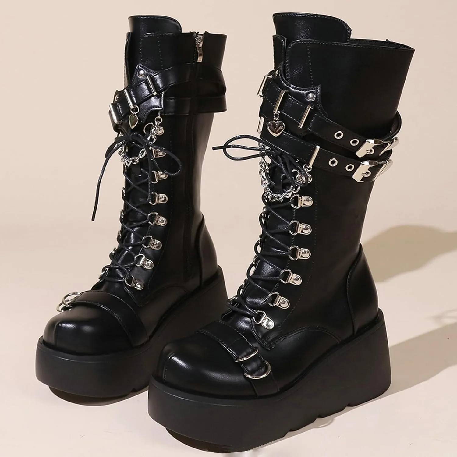 Meefit Women Gothic Knee High Boots Wedge Platform Mid Calf Boots Lace Up Punk Style Boots Comfortable Tall Boots