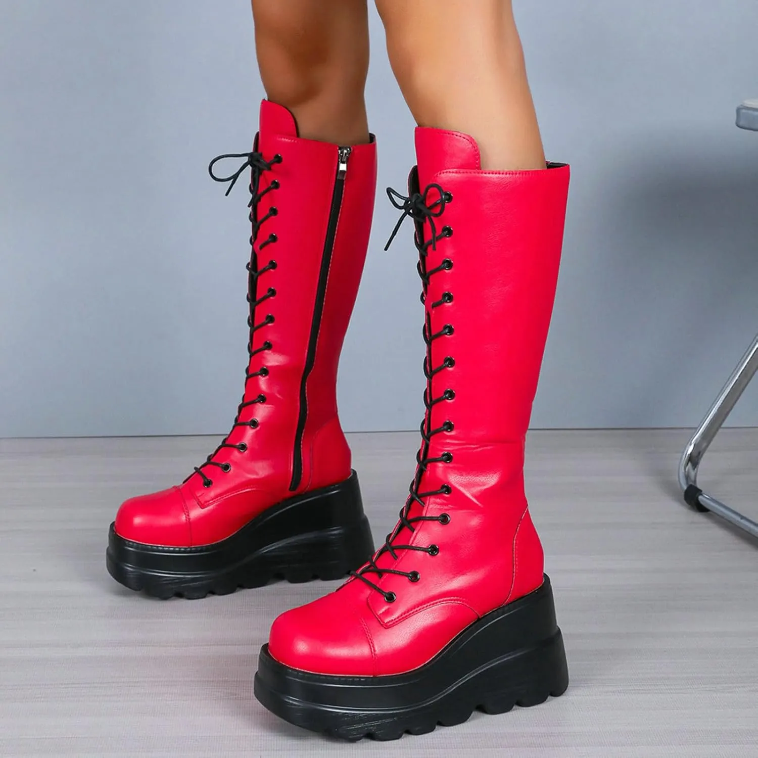 Meefit Women Gothic Knee High Boots Wedge Platform Mid Calf Boots Lace Up Punk Style Boots Comfortable Tall Boots