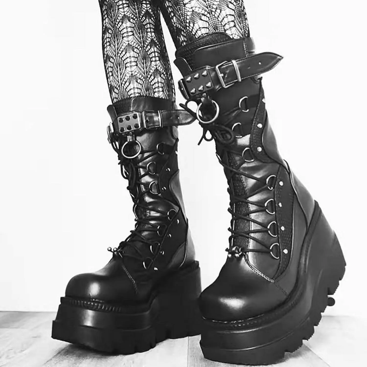 Meefit Women Gothic Knee High Boots Wedge Platform Mid Calf Boots Lace Up Punk Style Boots Comfortable Tall Boots