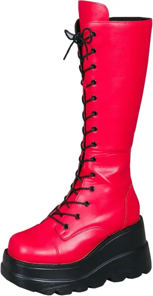 Meefit Women Gothic Knee High Boots Wedge Platform Mid Calf Boots Lace Up Punk Style Boots Comfortable Tall Boots