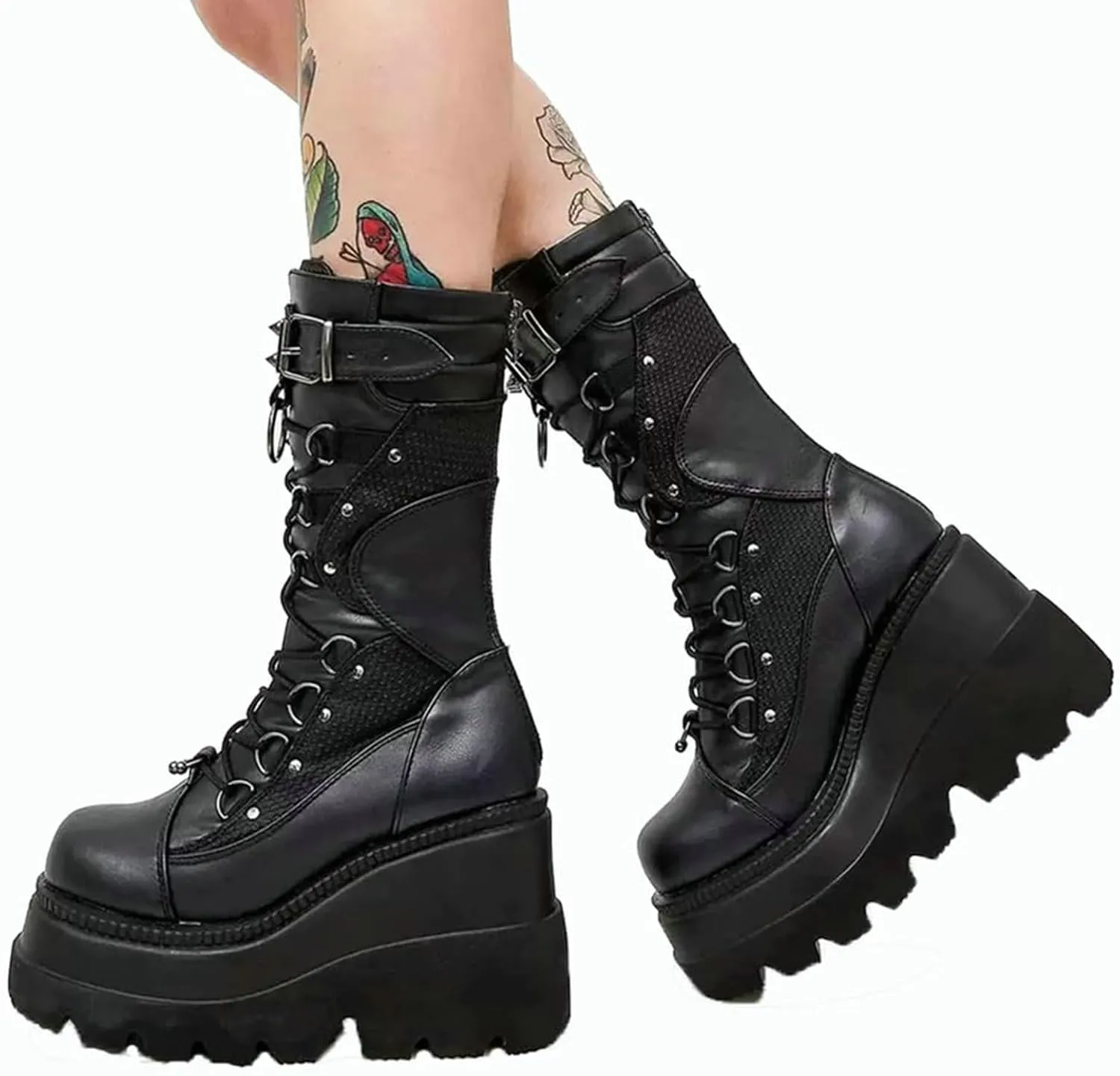 Meefit Women Gothic Knee High Boots Wedge Platform Mid Calf Boots Lace Up Punk Style Boots Comfortable Tall Boots