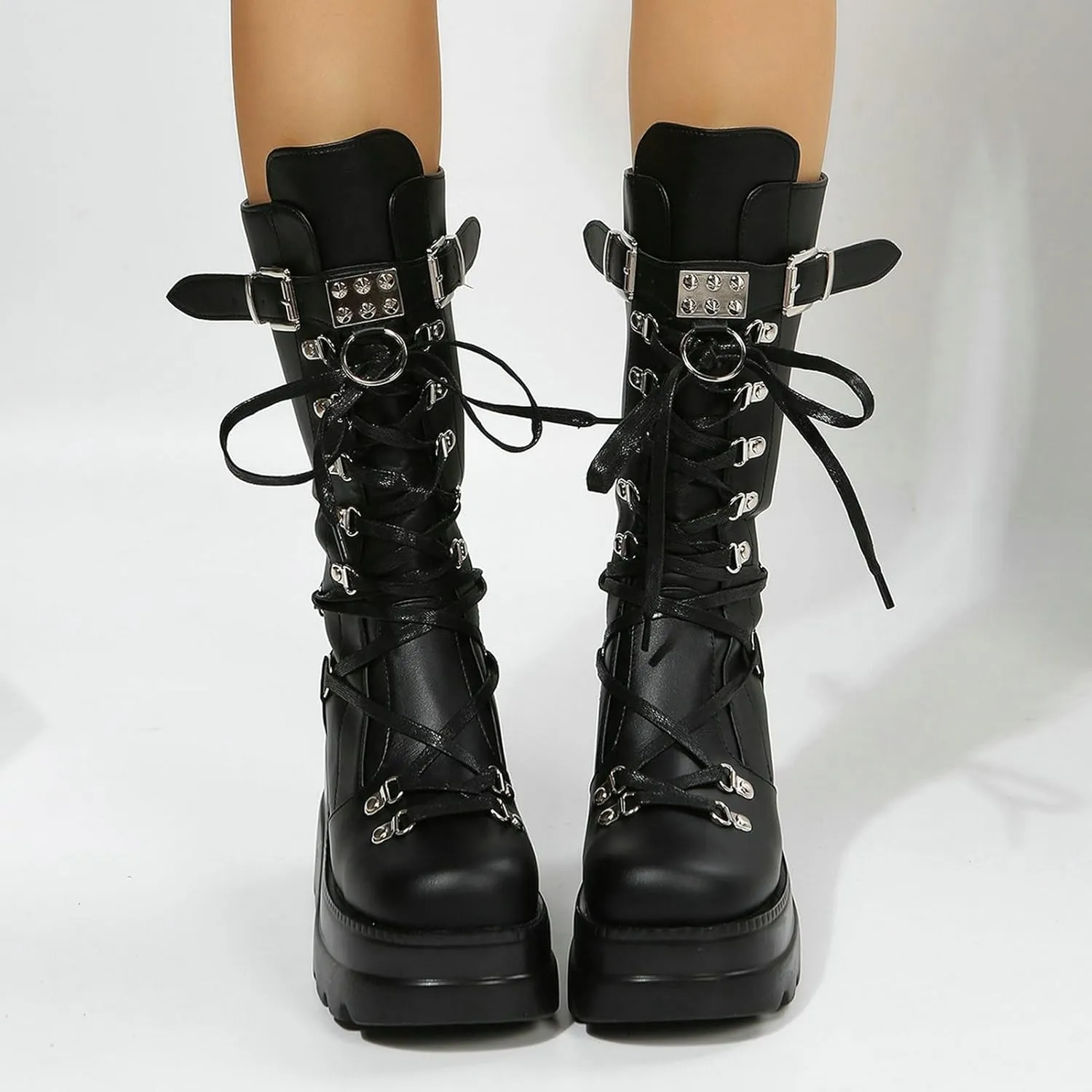 Meefit Women Gothic Knee High Boots Wedge Platform Mid Calf Boots Lace Up Punk Style Boots Comfortable Tall Boots