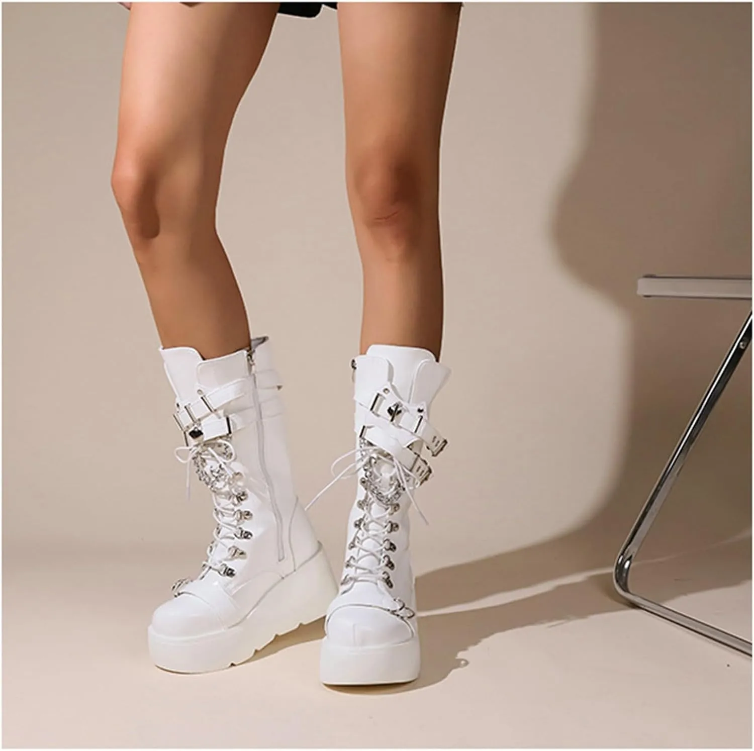 Meefit Women Gothic Knee High Boots Wedge Platform Mid Calf Boots Lace Up Punk Style Boots Comfortable Tall Boots