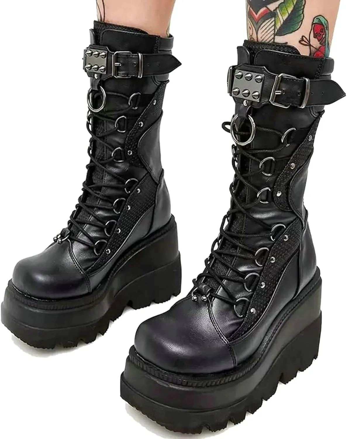 Meefit Women Gothic Knee High Boots Wedge Platform Mid Calf Boots Lace Up Punk Style Boots Comfortable Tall Boots