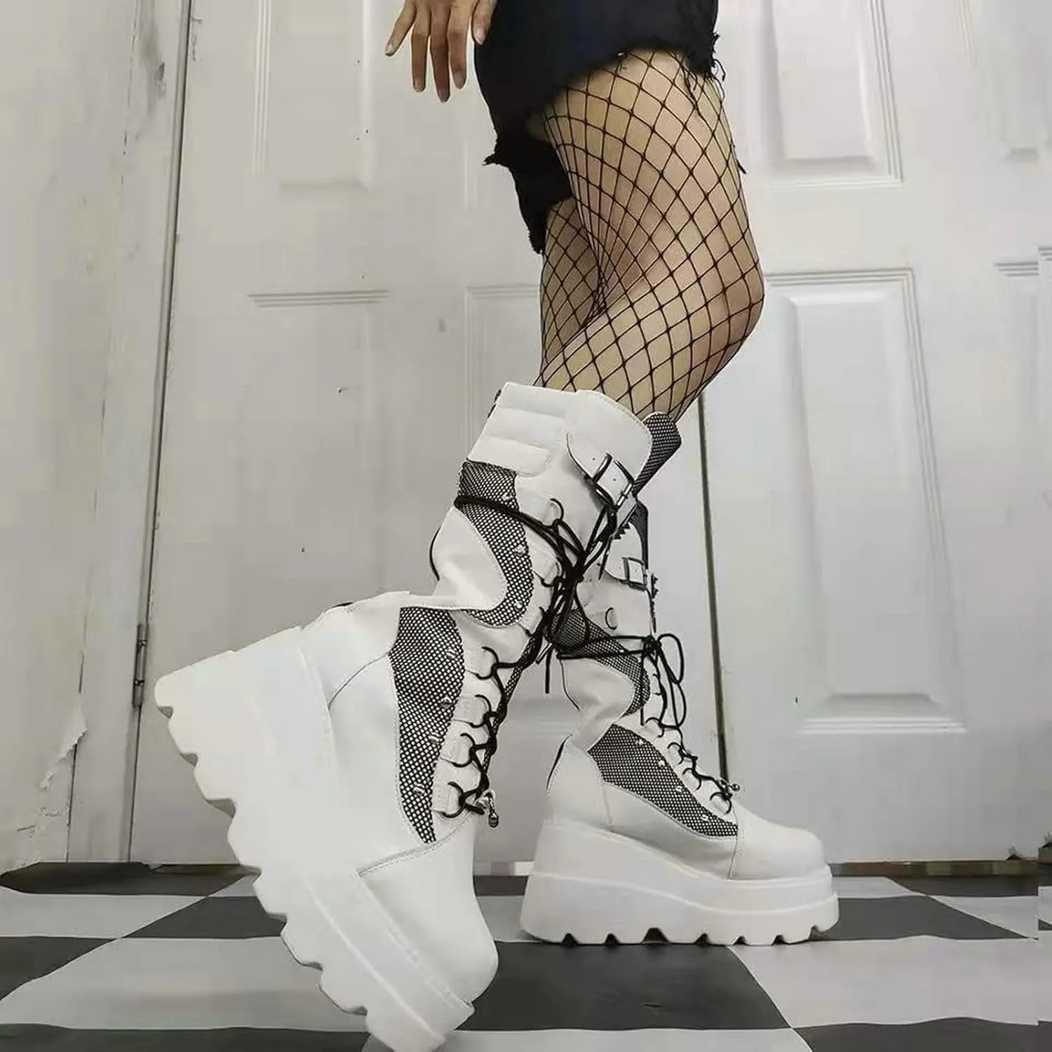 Meefit Women Gothic Knee High Boots Wedge Platform Mid Calf Boots Lace Up Punk Style Boots Comfortable Tall Boots