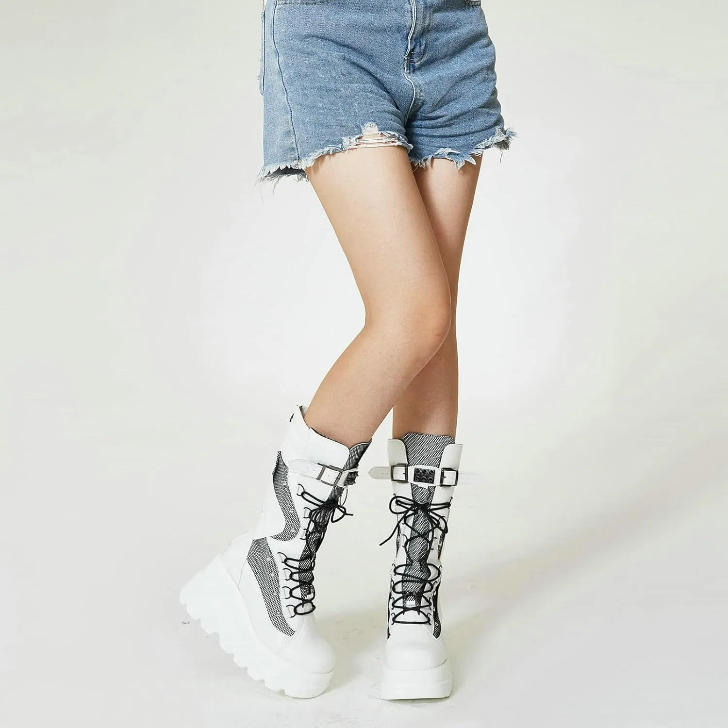 Meefit Women Gothic Knee High Boots Wedge Platform Mid Calf Boots Lace Up Punk Style Boots Comfortable Tall Boots