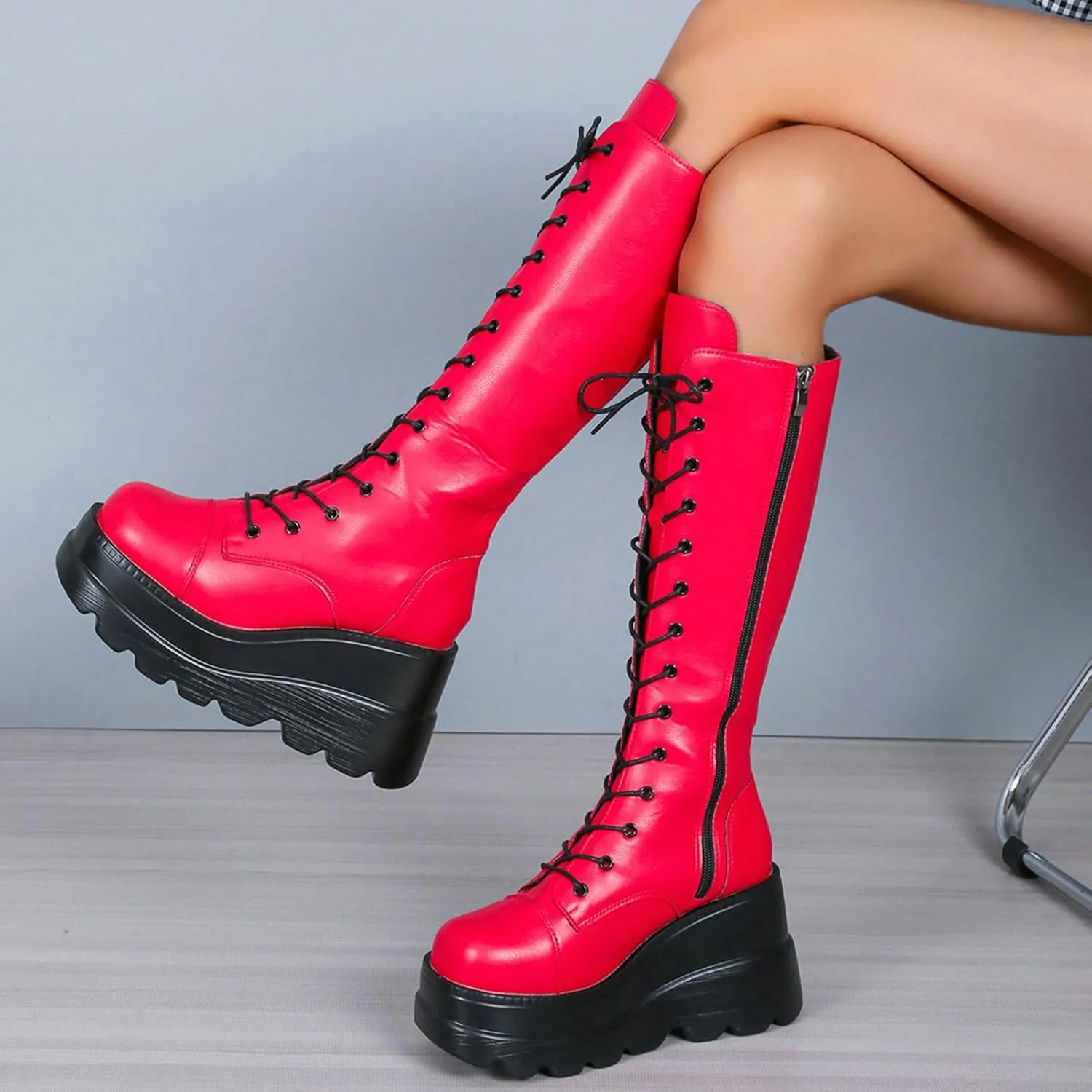Meefit Women Gothic Knee High Boots Wedge Platform Mid Calf Boots Lace Up Punk Style Boots Comfortable Tall Boots