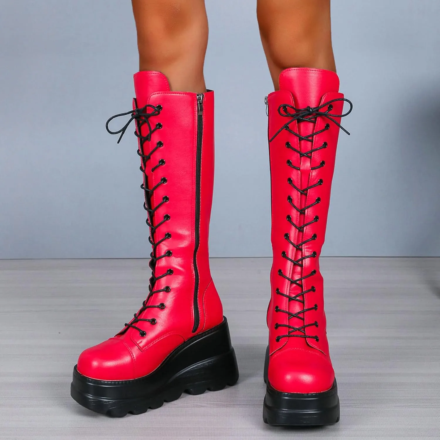Meefit Women Gothic Knee High Boots Wedge Platform Mid Calf Boots Lace Up Punk Style Boots Comfortable Tall Boots