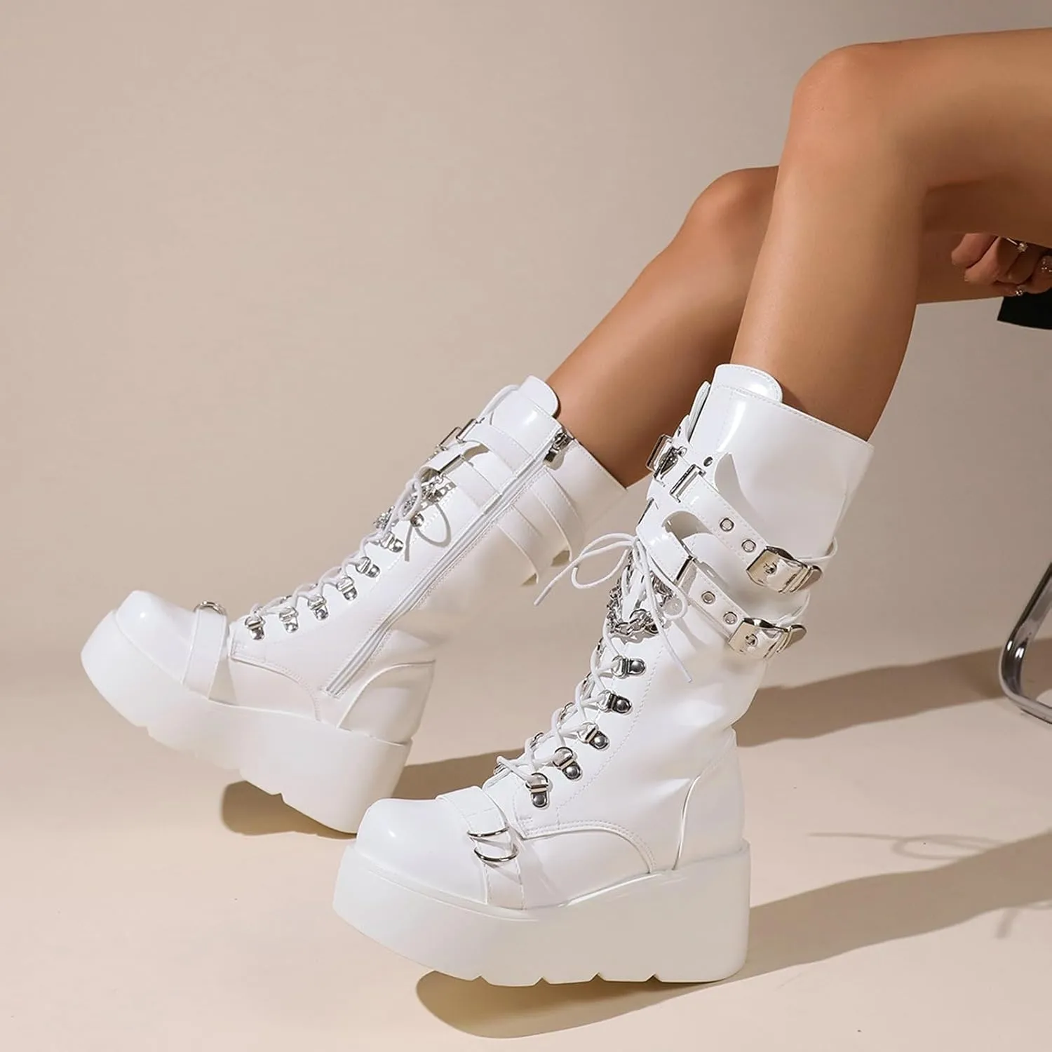 Meefit Women Gothic Knee High Boots Wedge Platform Mid Calf Boots Lace Up Punk Style Boots Comfortable Tall Boots