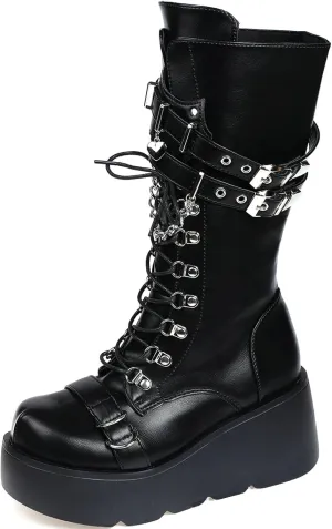 Meefit Women Gothic Knee High Boots Wedge Platform Mid Calf Boots Lace Up Punk Style Boots Comfortable Tall Boots