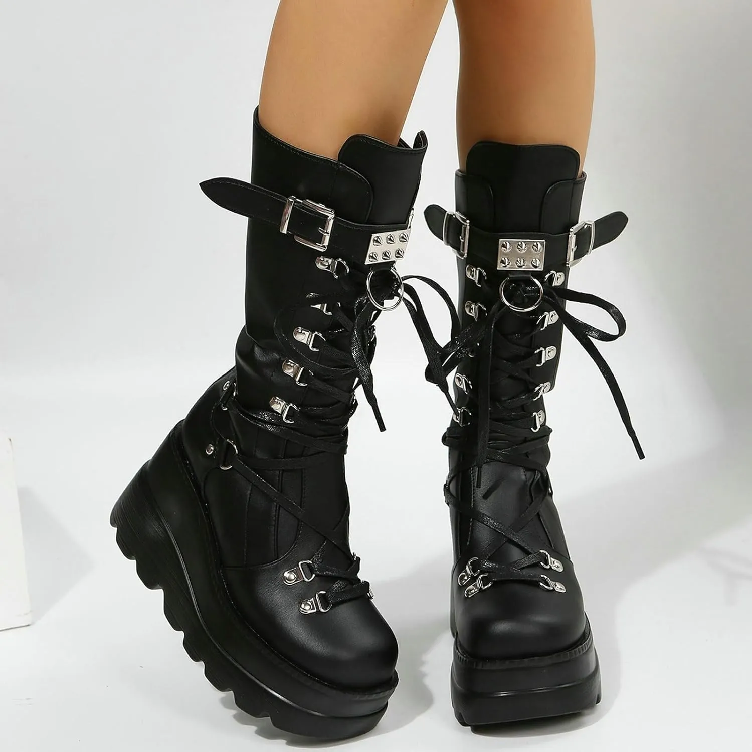 Meefit Women Gothic Knee High Boots Wedge Platform Mid Calf Boots Lace Up Punk Style Boots Comfortable Tall Boots