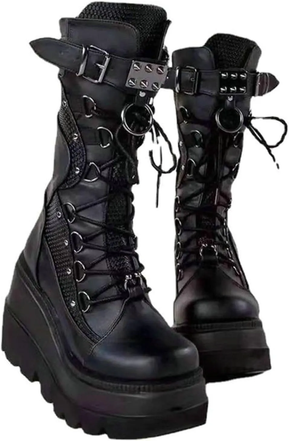 Meefit Women Gothic Knee High Boots Wedge Platform Mid Calf Boots Lace Up Punk Style Boots Comfortable Tall Boots