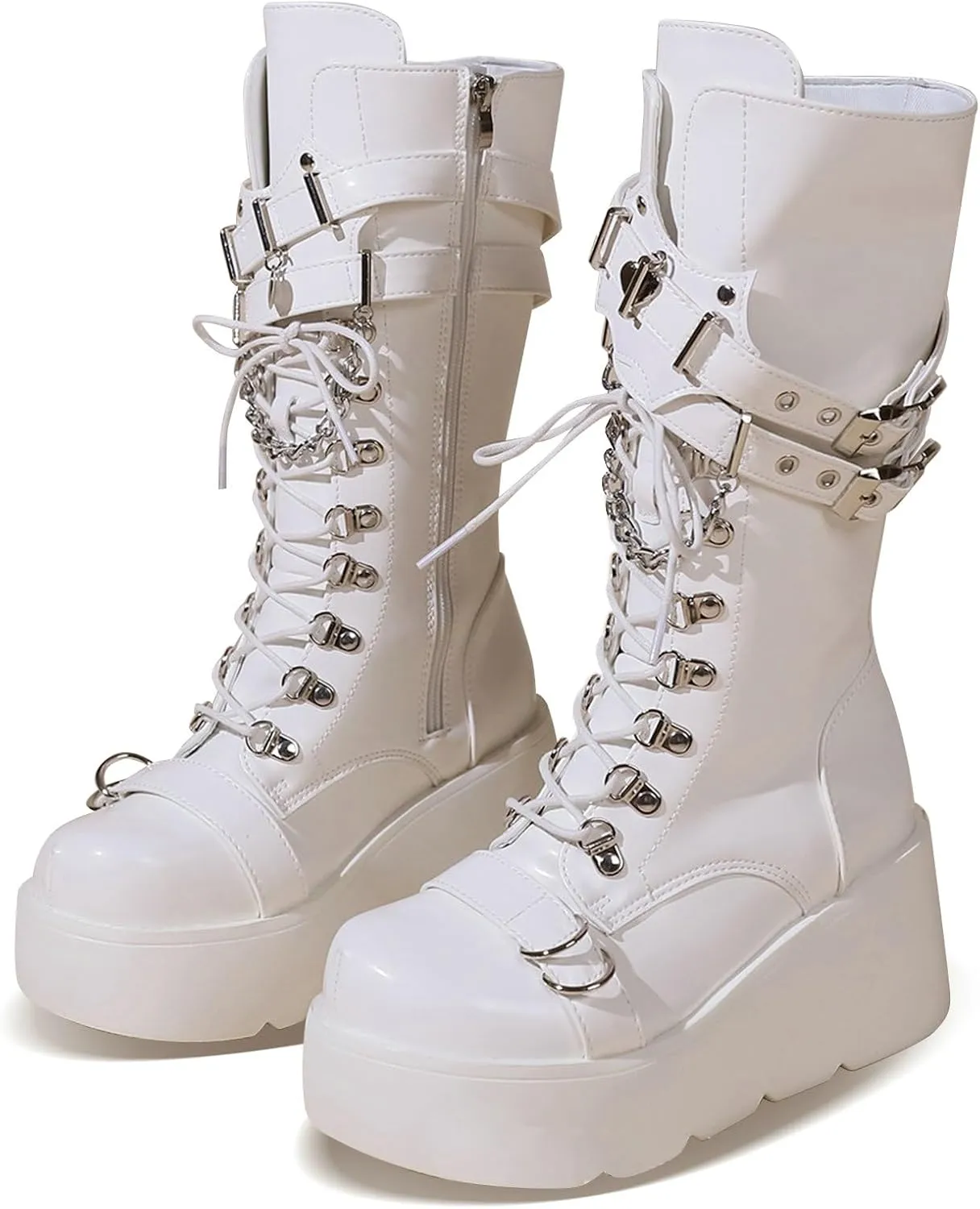 Meefit Women Gothic Knee High Boots Wedge Platform Mid Calf Boots Lace Up Punk Style Boots Comfortable Tall Boots