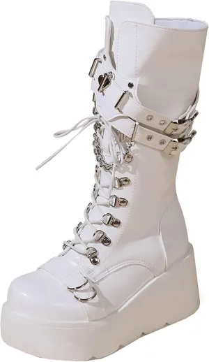 Meefit Women Gothic Knee High Boots Wedge Platform Mid Calf Boots Lace Up Punk Style Boots Comfortable Tall Boots