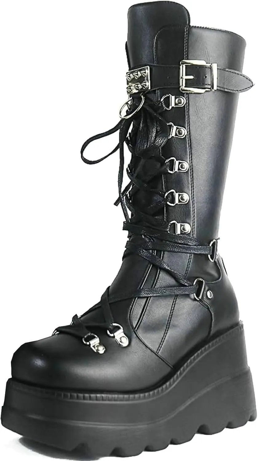 Meefit Women Gothic Knee High Boots Wedge Platform Mid Calf Boots Lace Up Punk Style Boots Comfortable Tall Boots