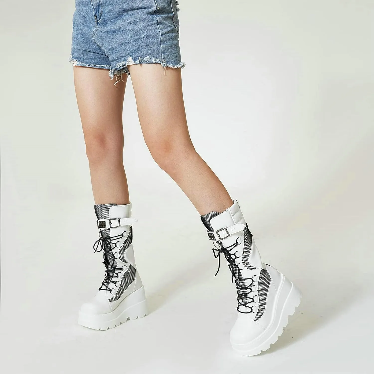Meefit Women Gothic Knee High Boots Wedge Platform Mid Calf Boots Lace Up Punk Style Boots Comfortable Tall Boots