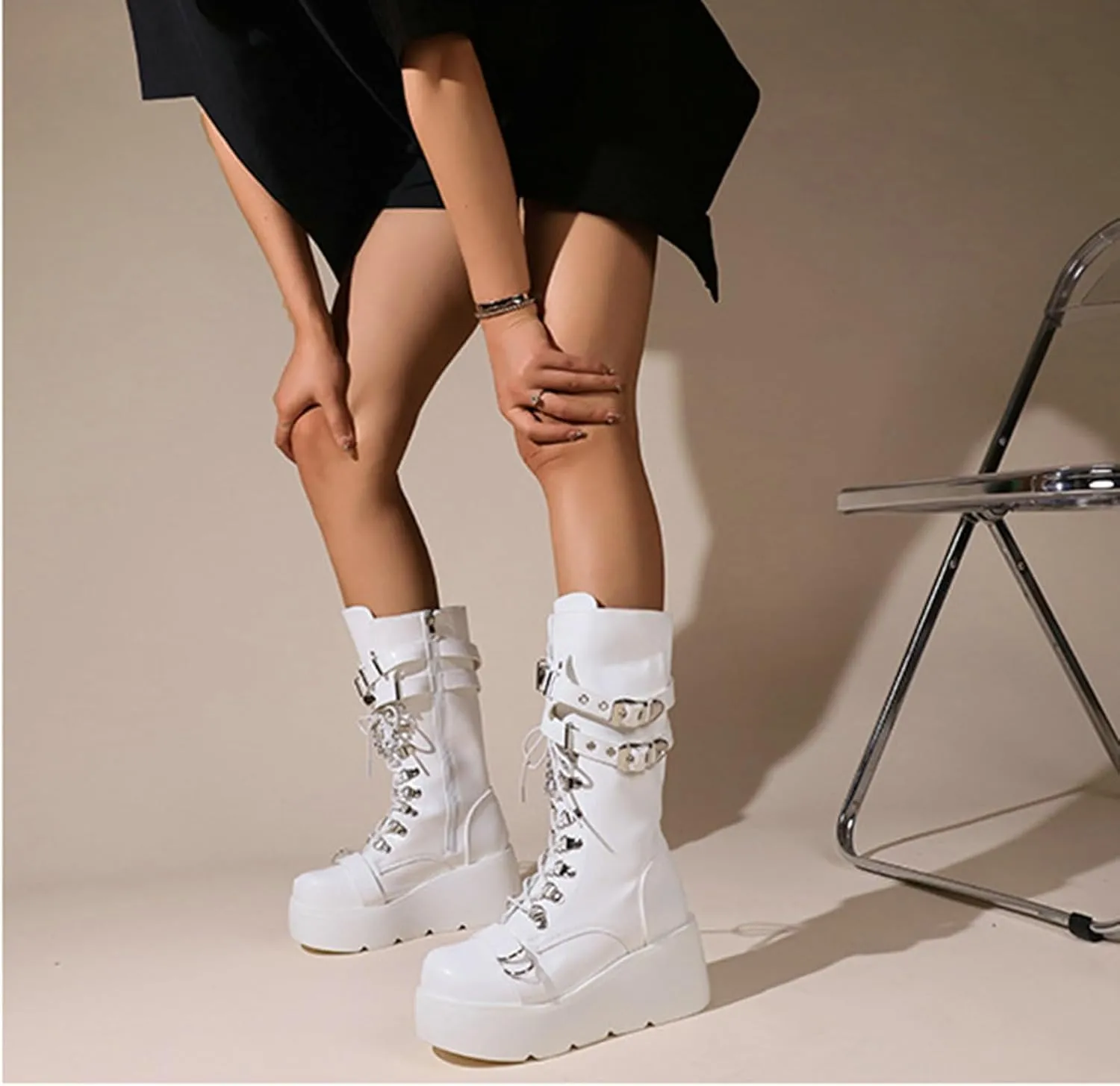 Meefit Women Gothic Knee High Boots Wedge Platform Mid Calf Boots Lace Up Punk Style Boots Comfortable Tall Boots
