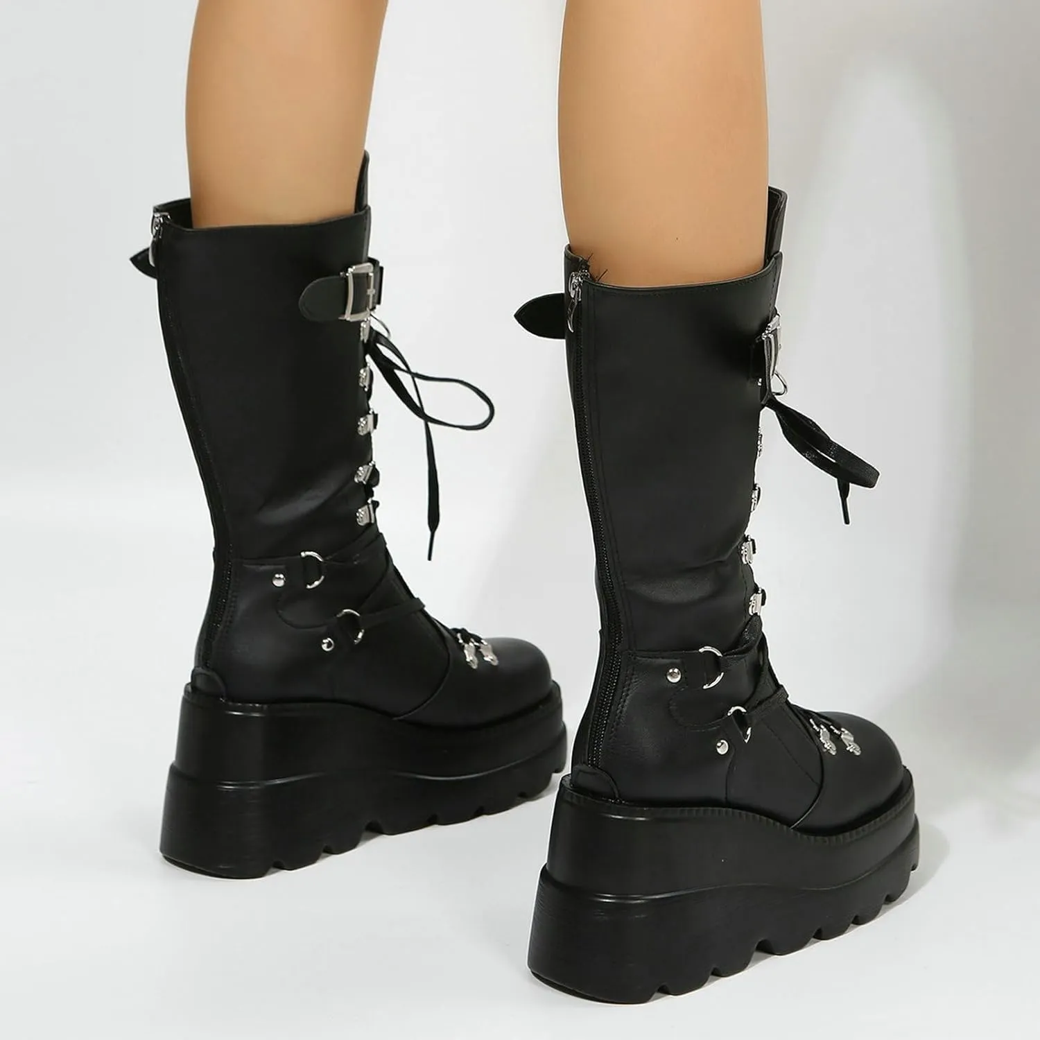 Meefit Women Gothic Knee High Boots Wedge Platform Mid Calf Boots Lace Up Punk Style Boots Comfortable Tall Boots