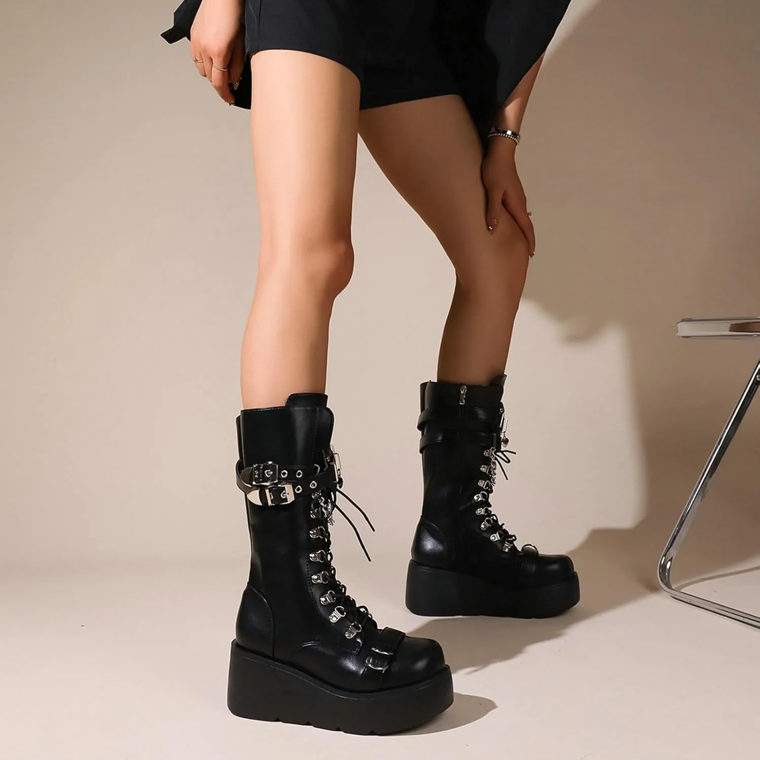 Meefit Women Gothic Knee High Boots Wedge Platform Mid Calf Boots Lace Up Punk Style Boots Comfortable Tall Boots