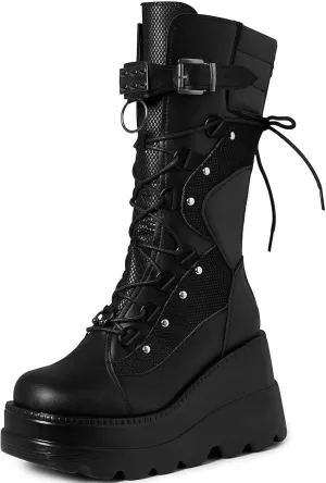 Meefit Women Gothic Knee High Boots Wedge Platform Mid Calf Boots Lace Up Punk Style Boots Comfortable Tall Boots