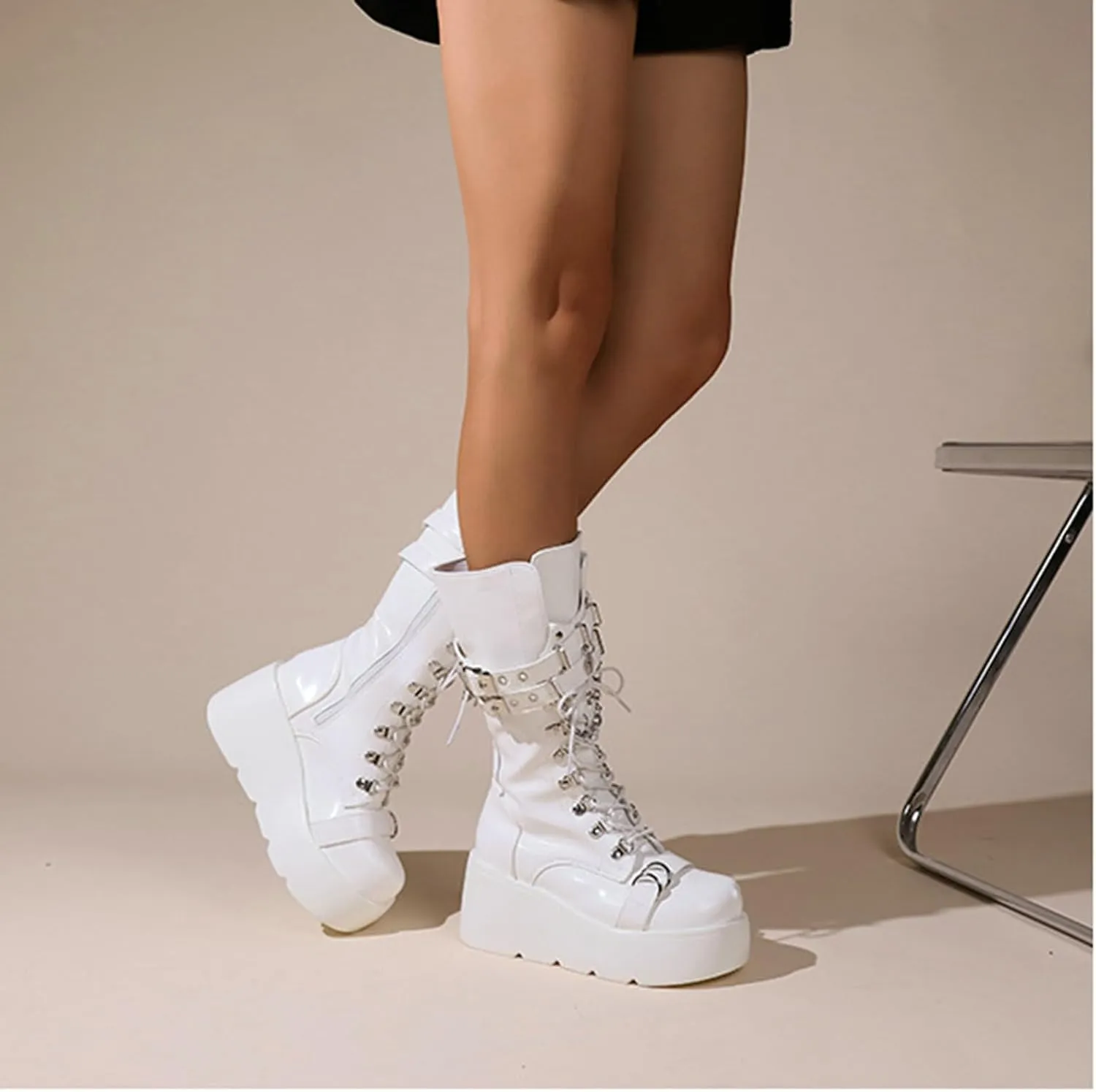 Meefit Women Gothic Knee High Boots Wedge Platform Mid Calf Boots Lace Up Punk Style Boots Comfortable Tall Boots