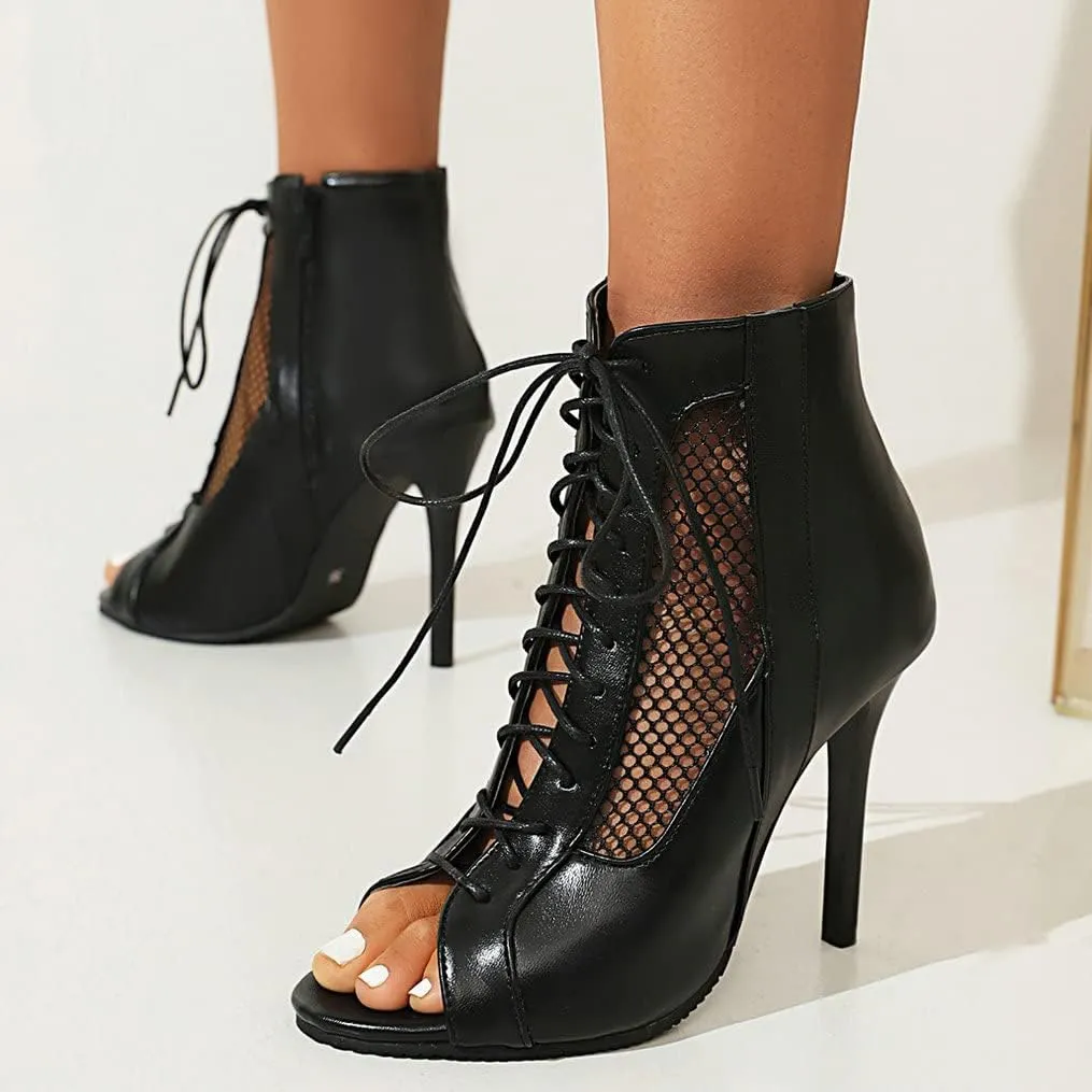 Meefit Women Lace Up Gladiator Sandals Stiletto High Heel Peep Toe Cut Out Sandals