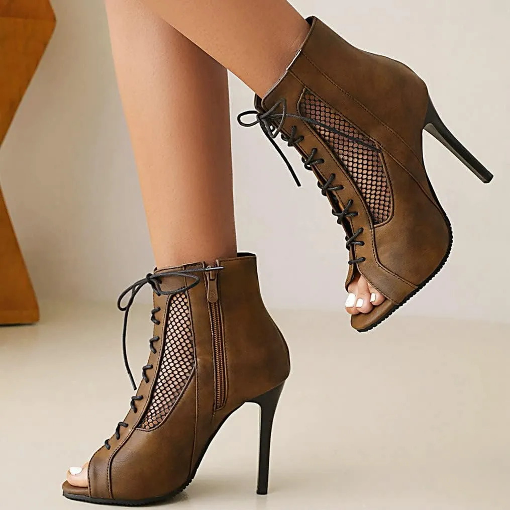 Meefit Women Lace Up Gladiator Sandals Stiletto High Heel Peep Toe Cut Out Sandals