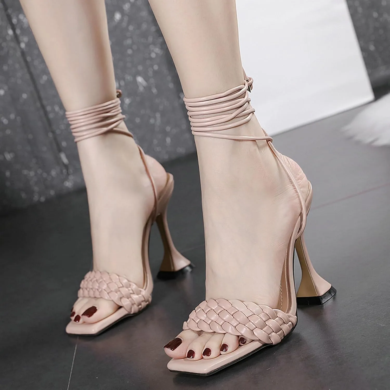 Meefit Women Lace Up Stiletto Heeled Sandals Open Toe Gladiator High Heel Sandals
