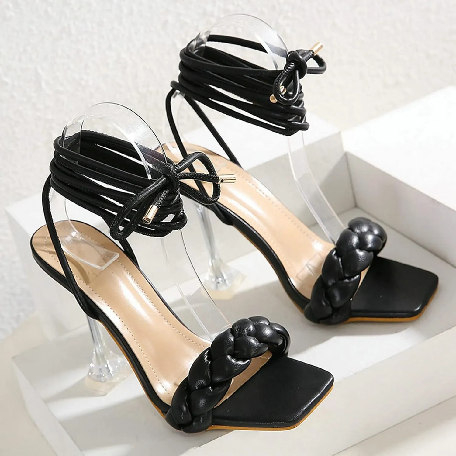 Meefit Women Lace Up Stiletto Heeled Sandals Open Toe Gladiator High Heel Sandals