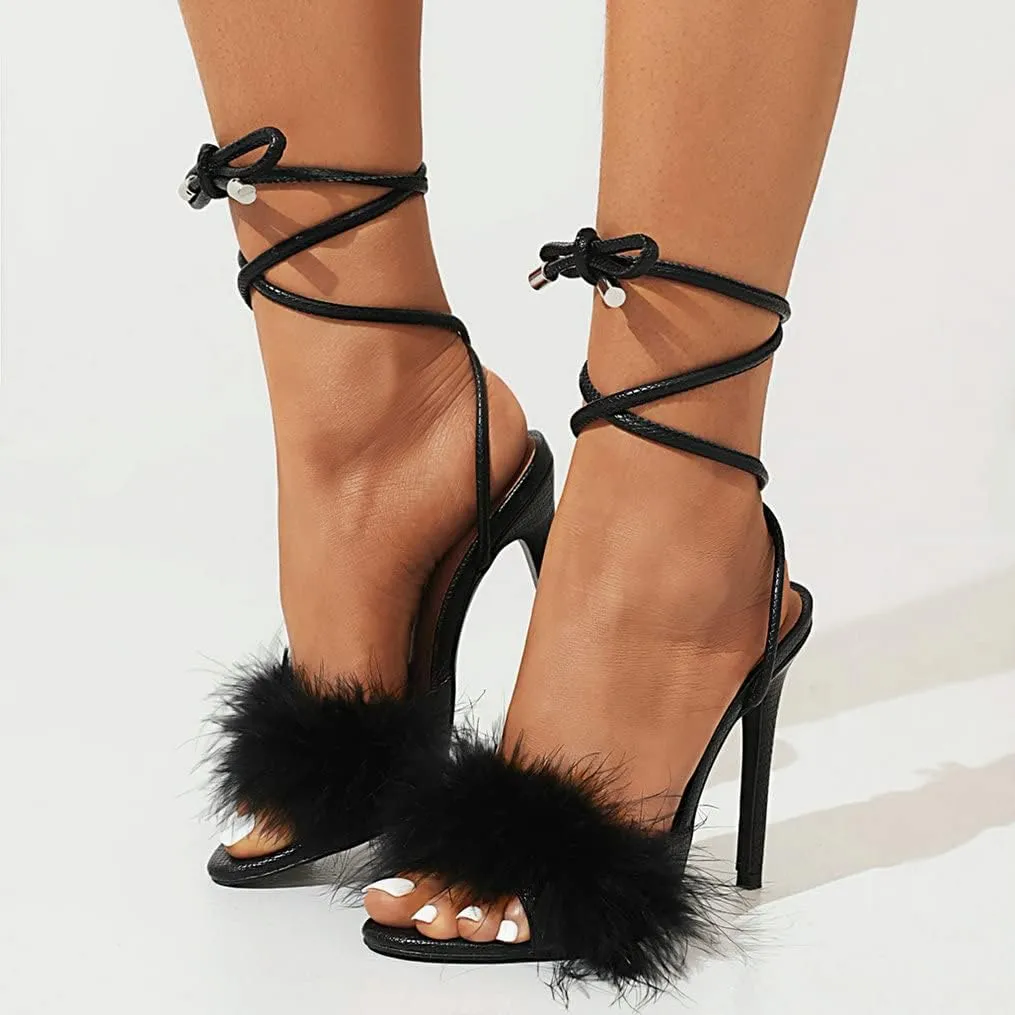 Meefit Women Lace Up Stiletto High Heel Sandals Gladiator Open Toe Sandals with Fur