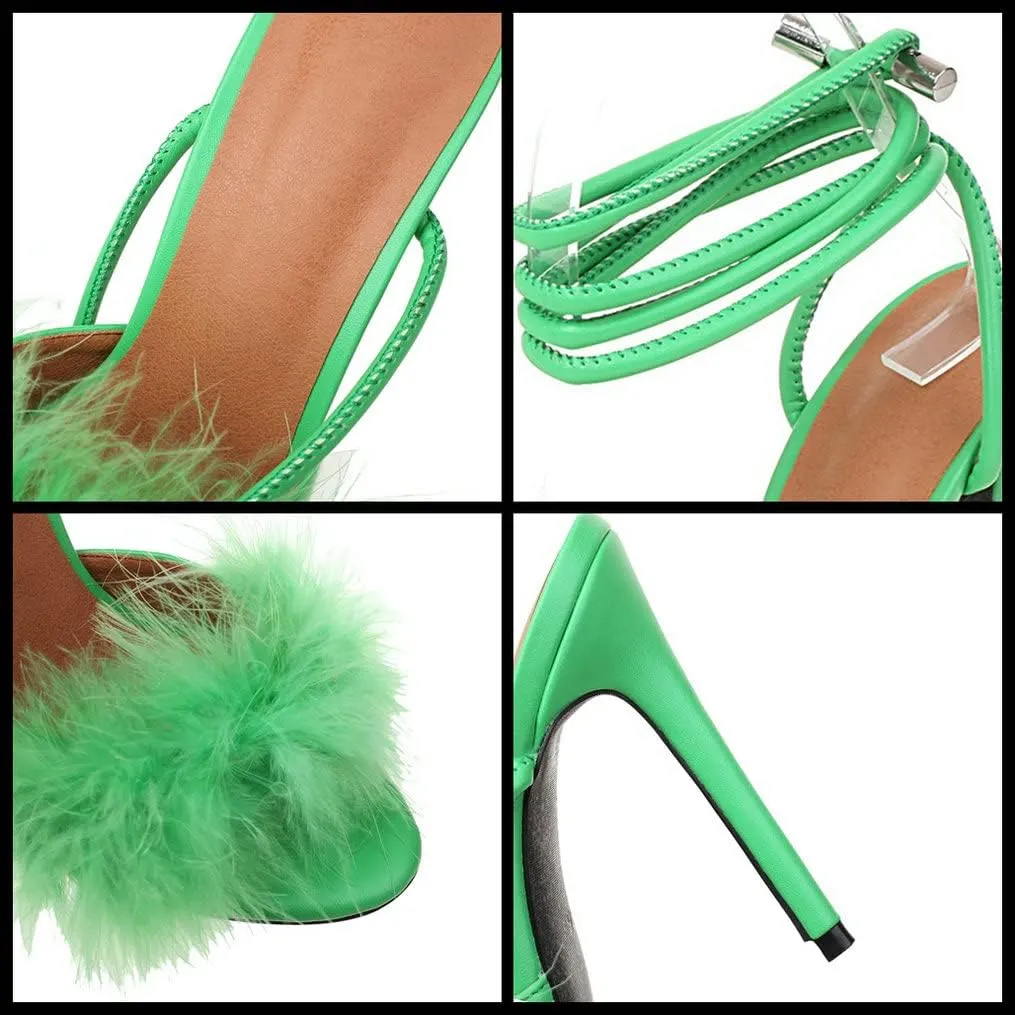 Meefit Women Lace Up Stiletto High Heel Sandals Gladiator Open Toe Sandals with Fur