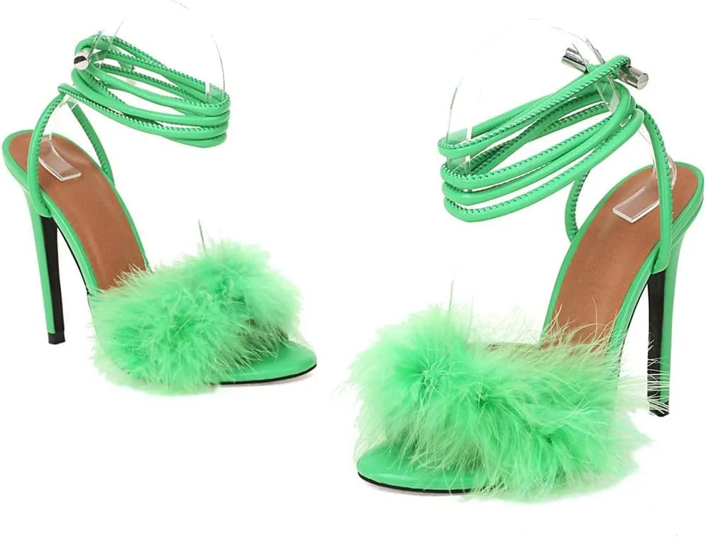 Meefit Women Lace Up Stiletto High Heel Sandals Gladiator Open Toe Sandals with Fur