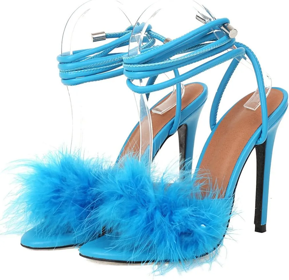 Meefit Women Lace Up Stiletto High Heel Sandals Gladiator Open Toe Sandals with Fur