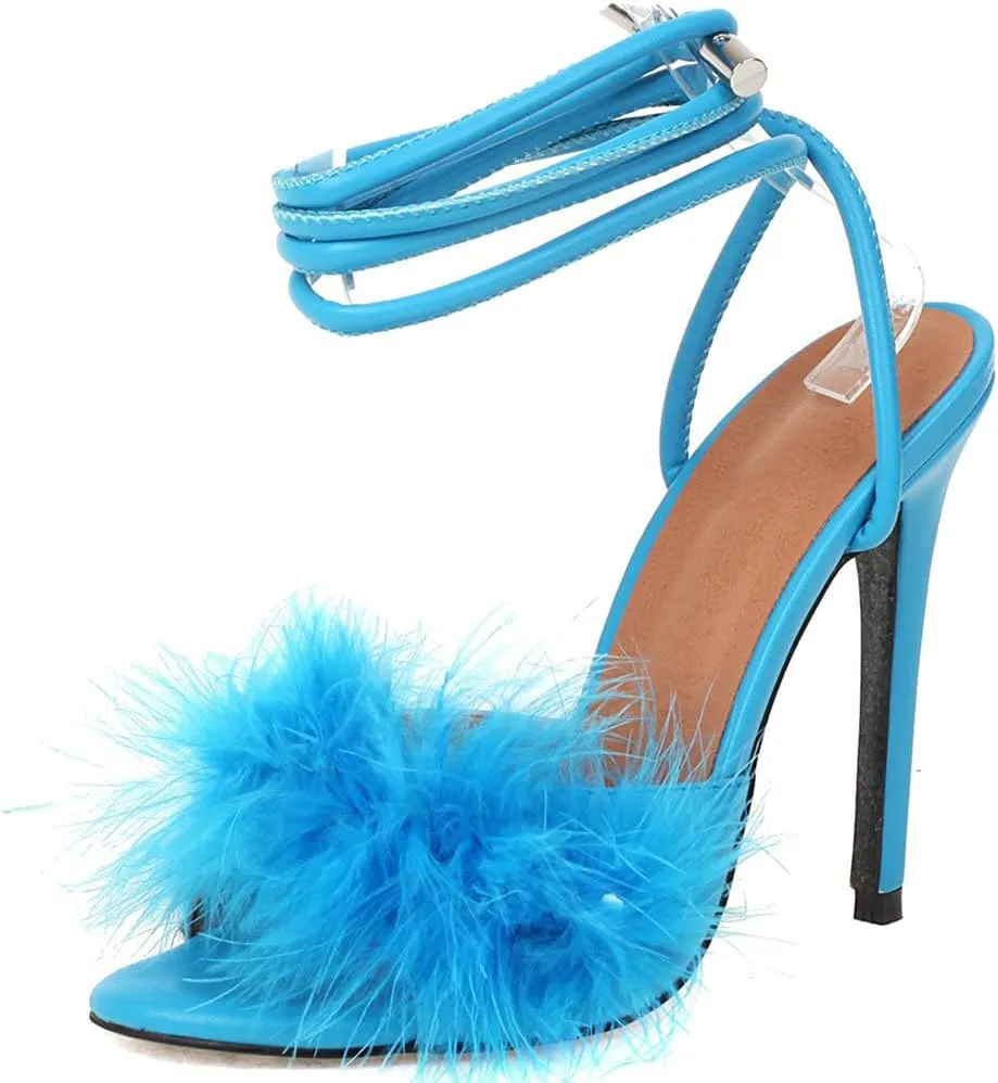 Meefit Women Lace Up Stiletto High Heel Sandals Gladiator Open Toe Sandals with Fur