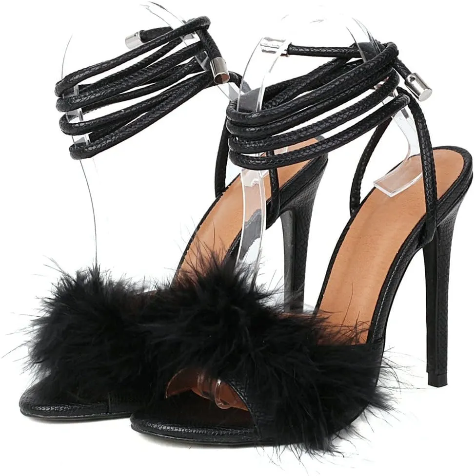 Meefit Women Lace Up Stiletto High Heel Sandals Gladiator Open Toe Sandals with Fur