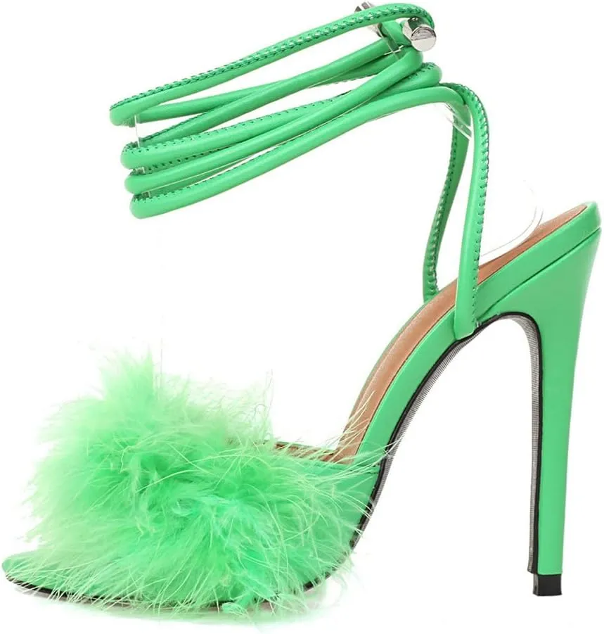 Meefit Women Lace Up Stiletto High Heel Sandals Gladiator Open Toe Sandals with Fur
