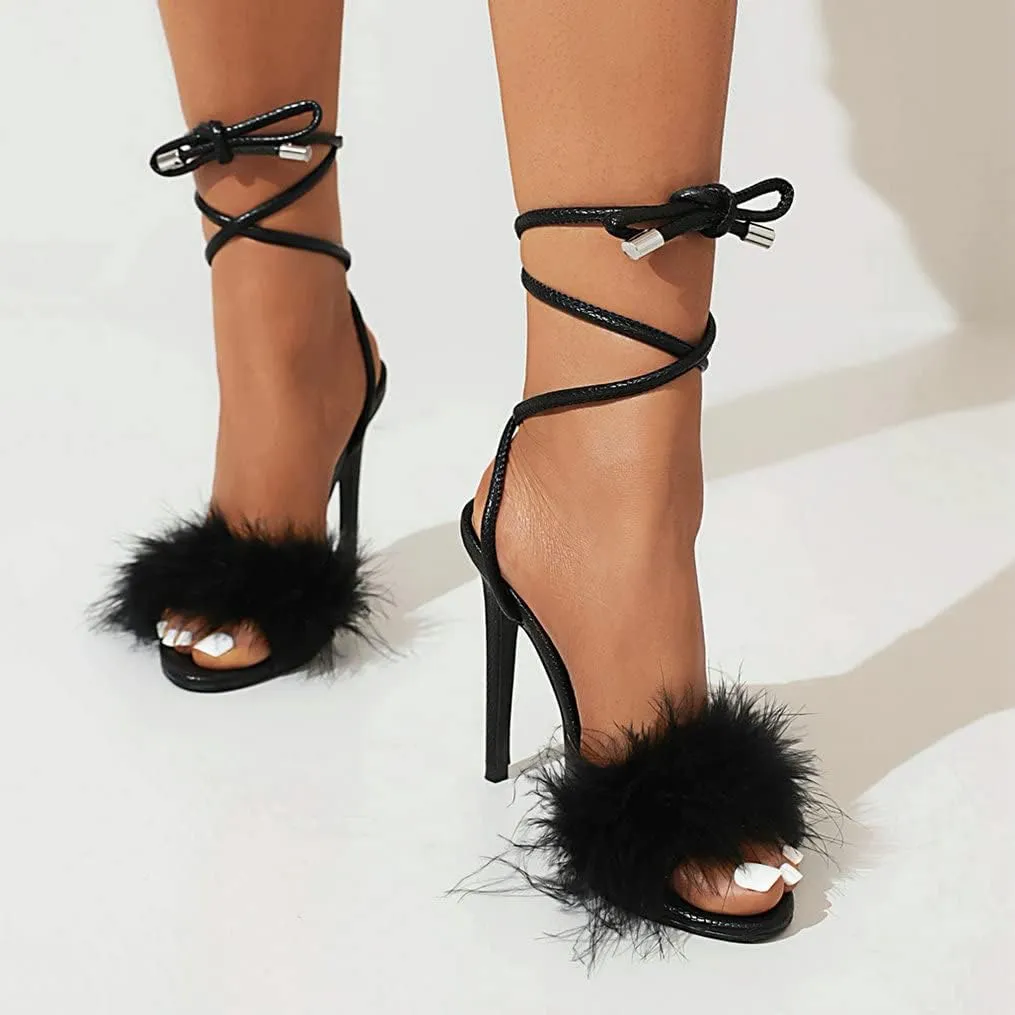Meefit Women Lace Up Stiletto High Heel Sandals Gladiator Open Toe Sandals with Fur