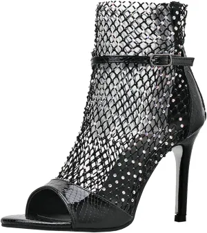 Meefit Women Mesh Open Toe Stiletto Booties Rhinestone Sandals Glitter High Heels Summer Boots