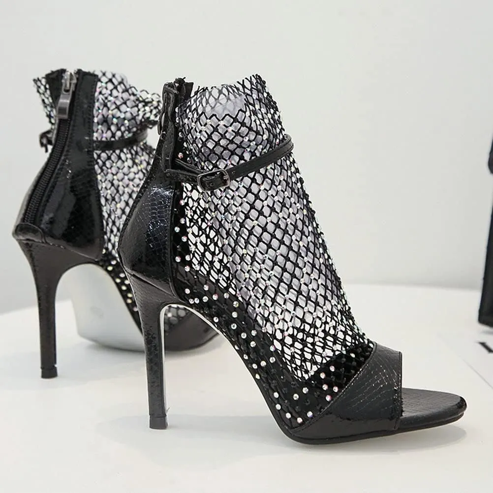 Meefit Women Mesh Open Toe Stiletto Booties Rhinestone Sandals Glitter High Heels Summer Boots